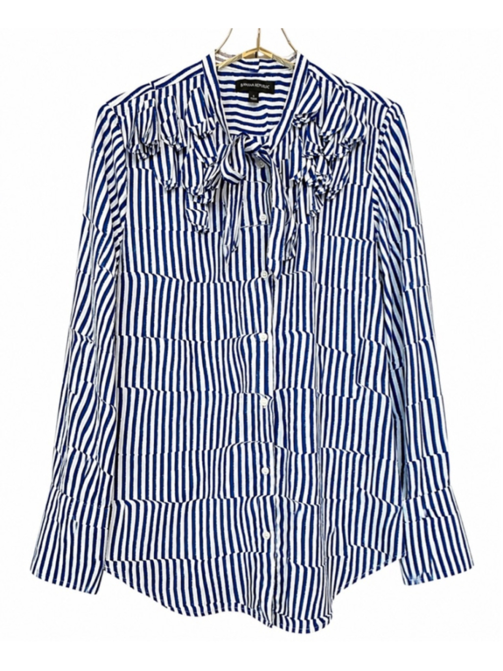 Banana Republic L Blue White Striped Ruffle Blouse - Picture 2 of 12